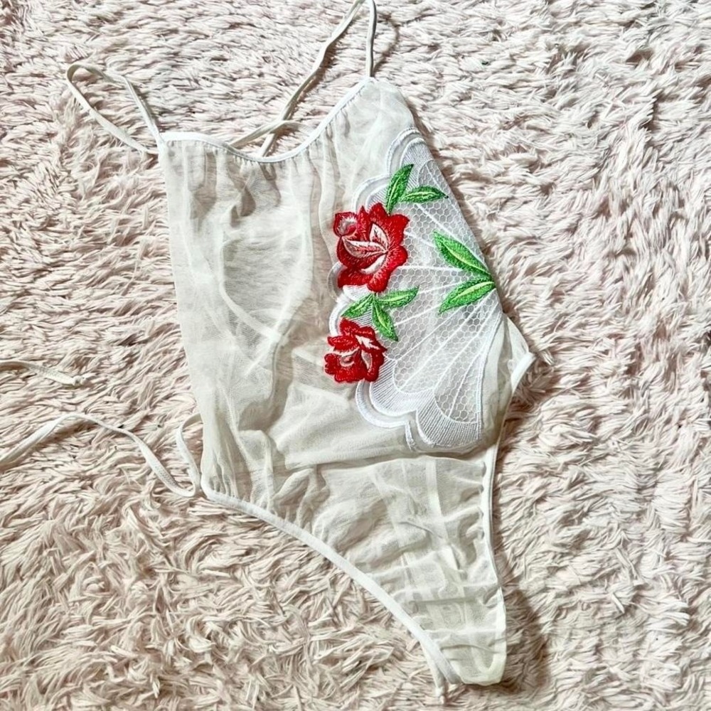 Vintage White‎ Lace Embroidered Floral Corset Style Lingerie Bodysuit Womens M